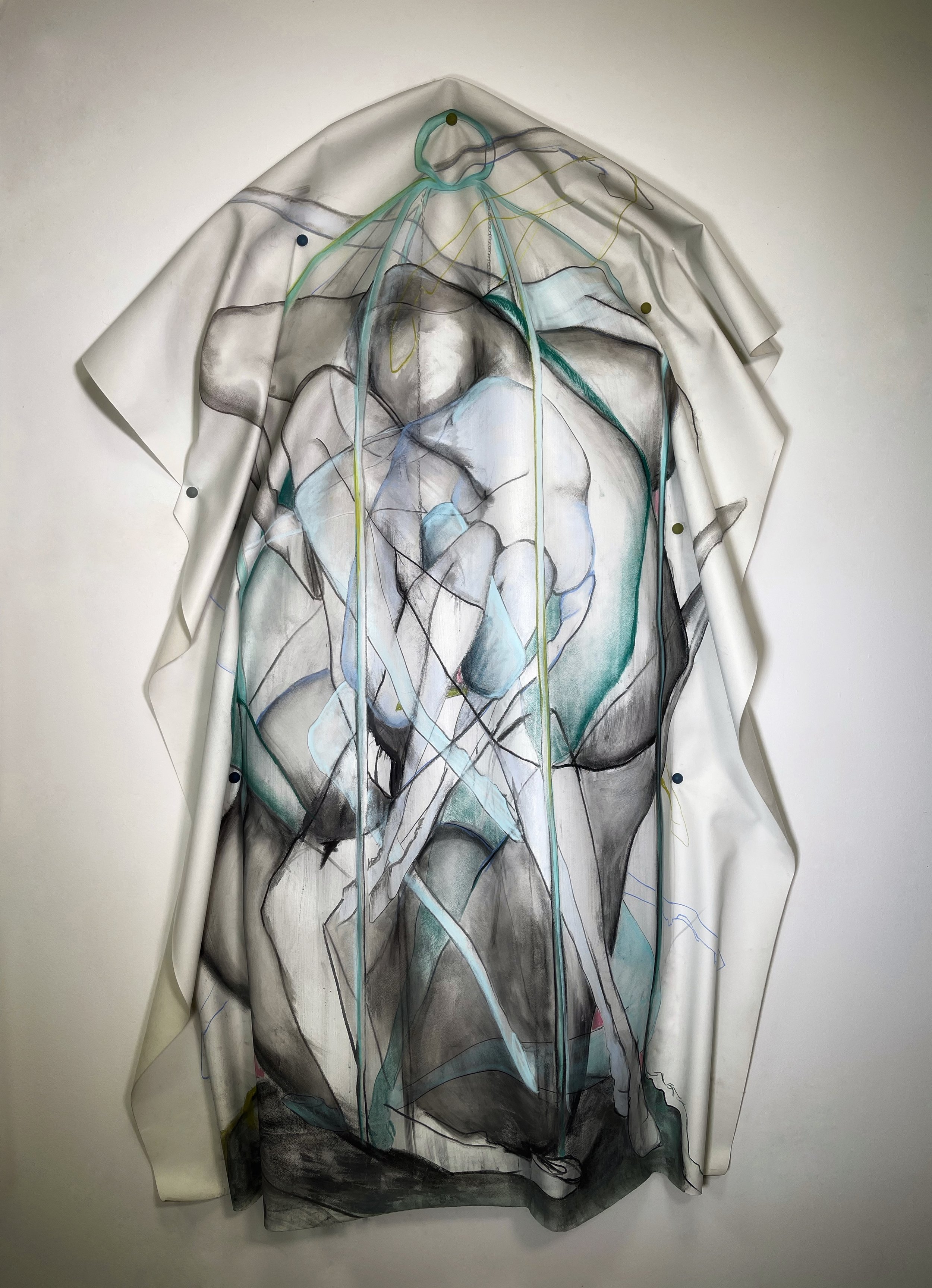  Caged in Blue and White  
Pastel, charcoal 
60" x 36" x 6"