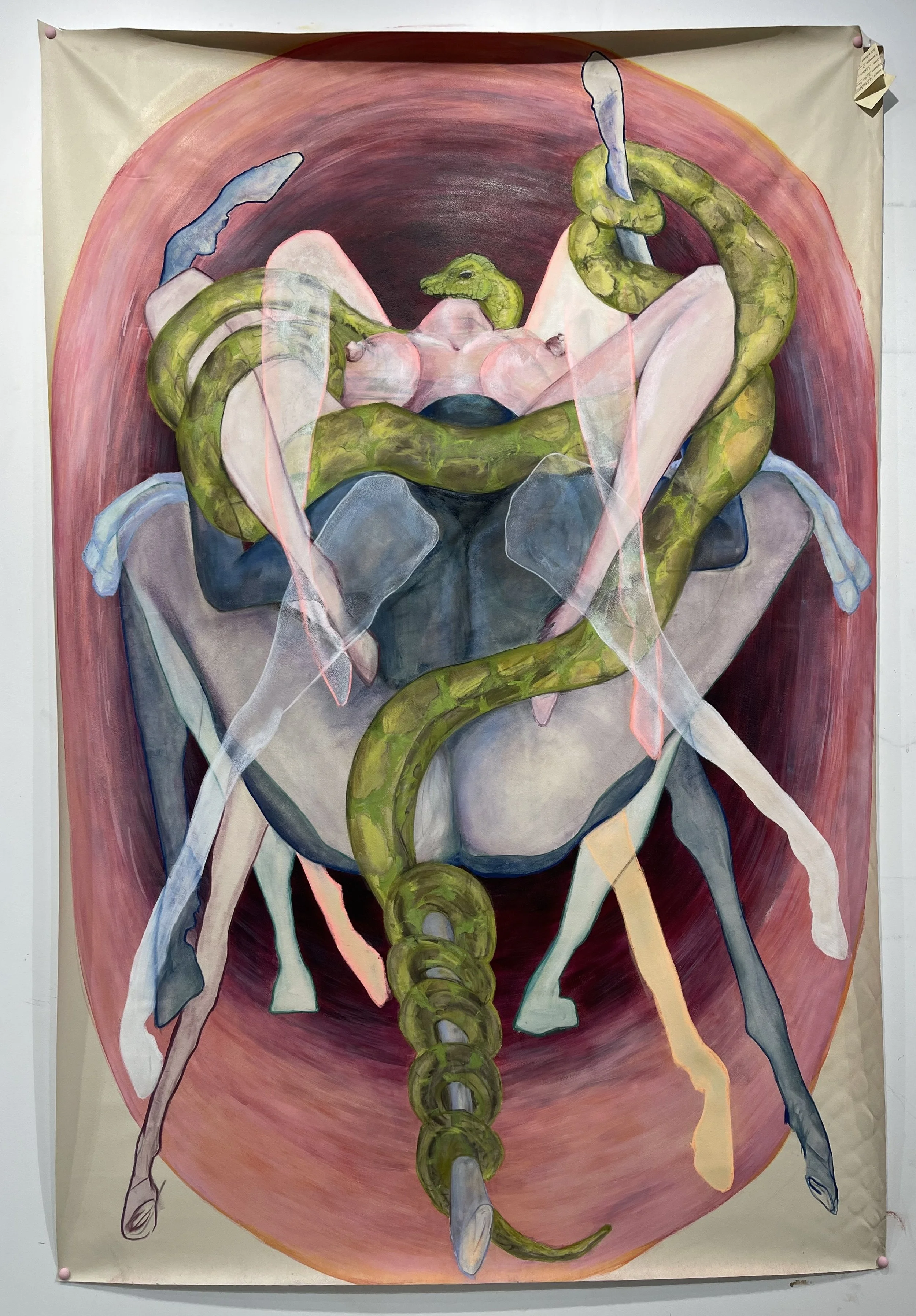  Wrapped in Pink, Blue, and Green  
Pastel, paint, tag, tacks 
52" x 84"