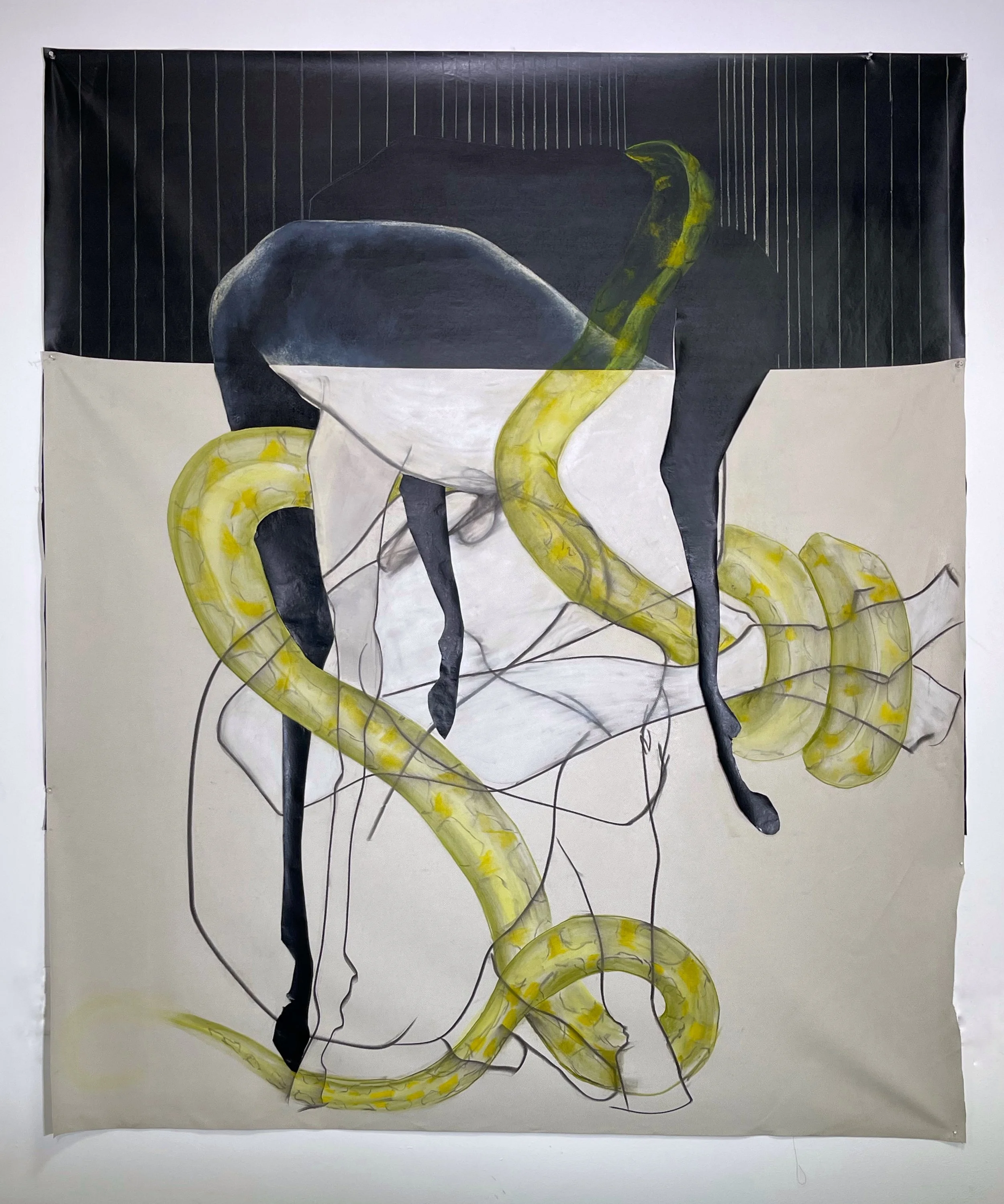  Wrapped in Black, Cream, and Green
  
Pastel, charcoal 
62" x 77"