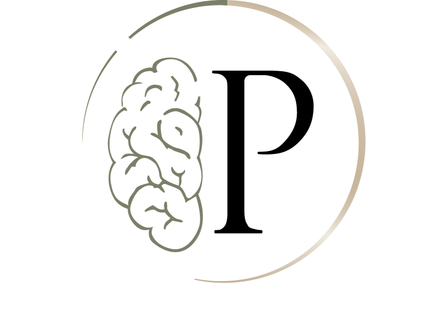 Line drawing of a human brain with a partial circular shape around it on a black background.