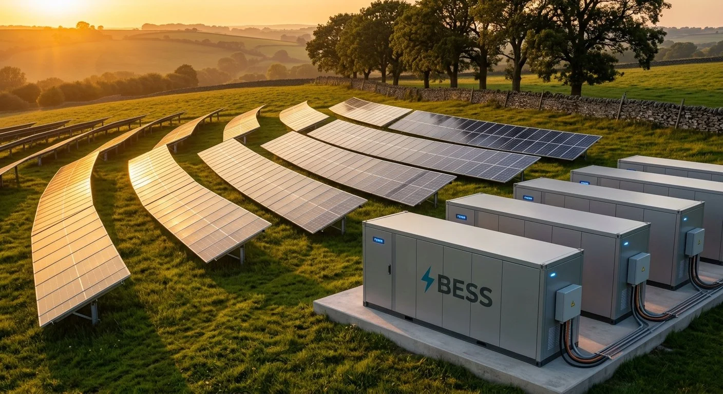 Solar panels and energy storage units on a grassy field with trees and hills in the background, during sunset.