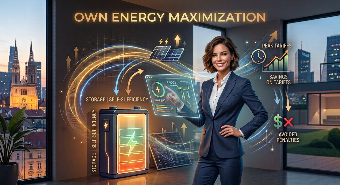 A woman in a business suit smiling in a modern office with large windows. The image features illustrated graphics related to energy storage, solar panels, and energy costs, emphasizing maximizing energy independence and savings.