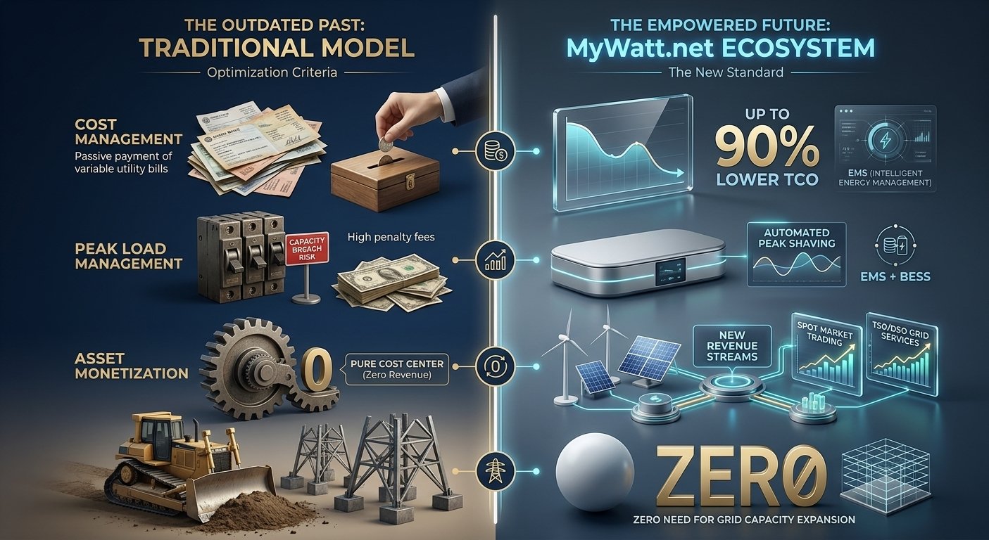 Comparison infographic showing traditional energy model with high costs and risks versus MyWatt.net ecosystem with up to 90% lower TCO, automated peak shaving, new revenue streams, and zero grid capacity expansion.