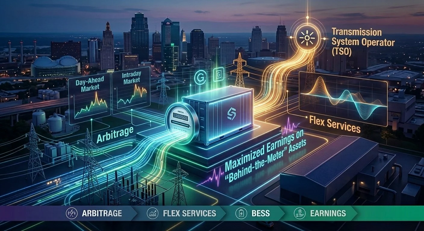 Digital illustration showing a futuristic cityscape with a central blockchain or data hub, various data graphs and lines representing financial markets, arbitrage, flex services, and earnings, with large city buildings in the background and technology icons at the bottom.