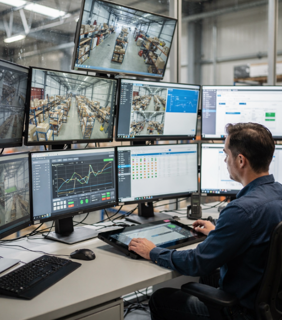A man monitors multiple computer screens showing warehouse footage, graphs, charts, and data in a control room.