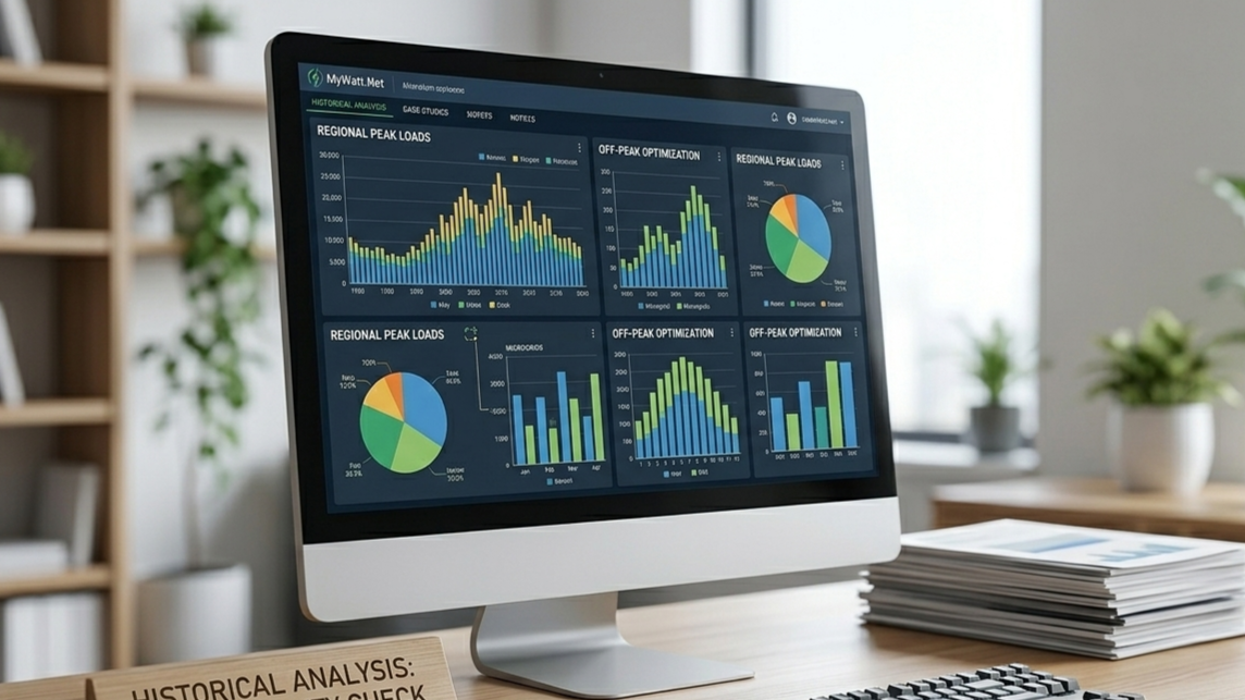 Computer monitor displaying analytics graphs and pie charts on energy consumption, with a desk, stacked papers, and potted plants in the background.