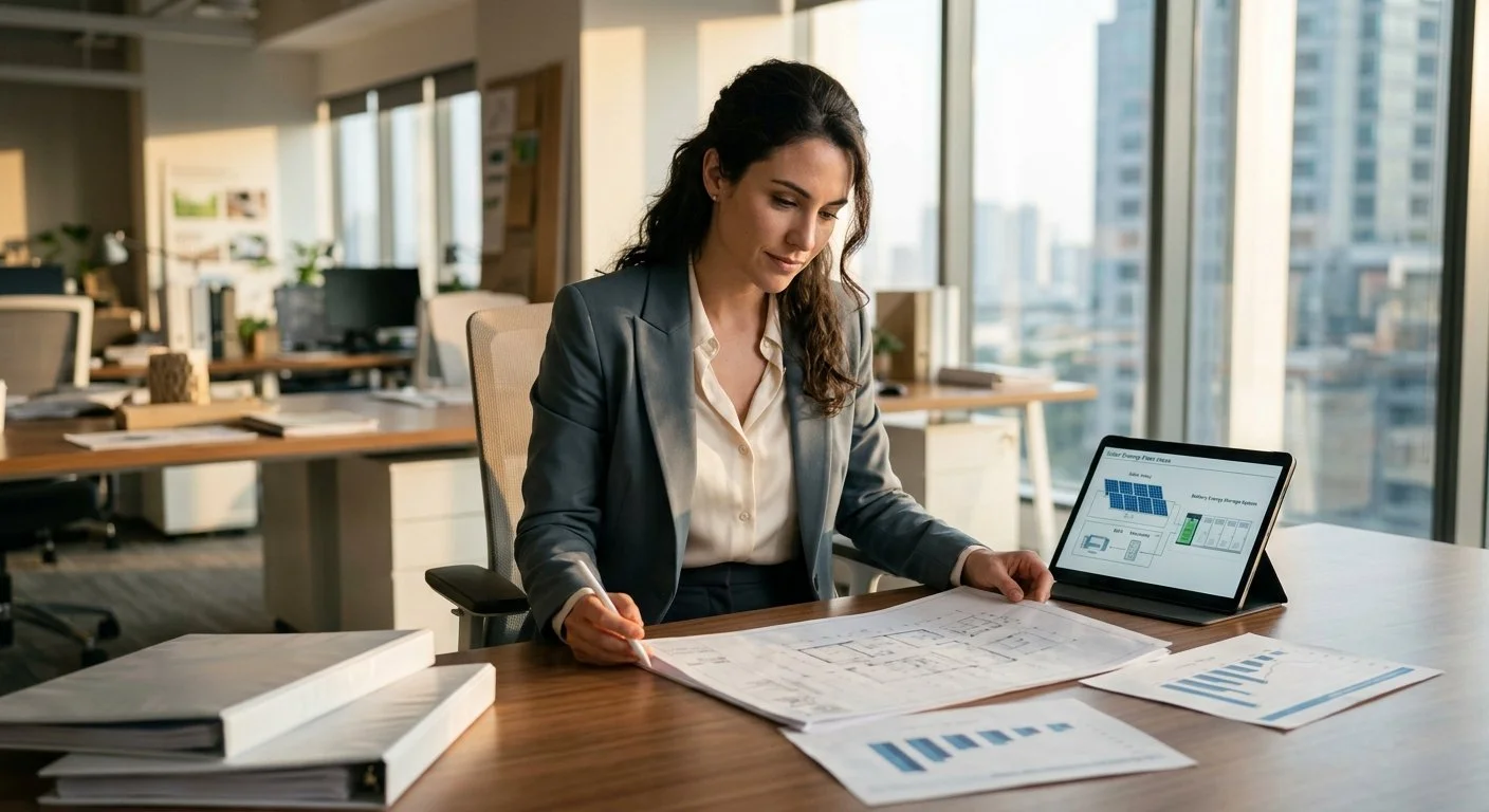 Businesswoman looking at architectural plans in an office with large windows showing a cityscape.
