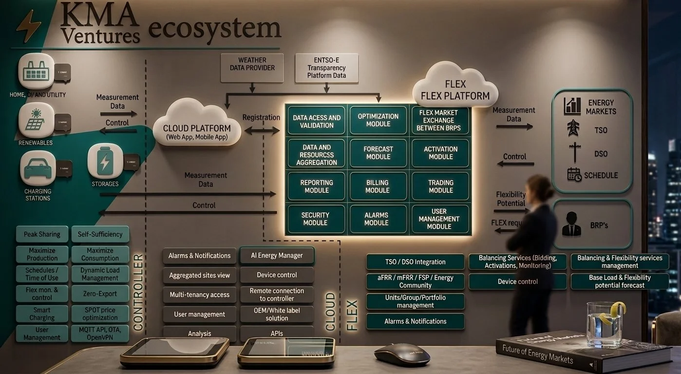 Diagram of KMA Ventures ecosystem with components like cloud platform, energy markets, and modules for data validation, forecasting, trading, and security.