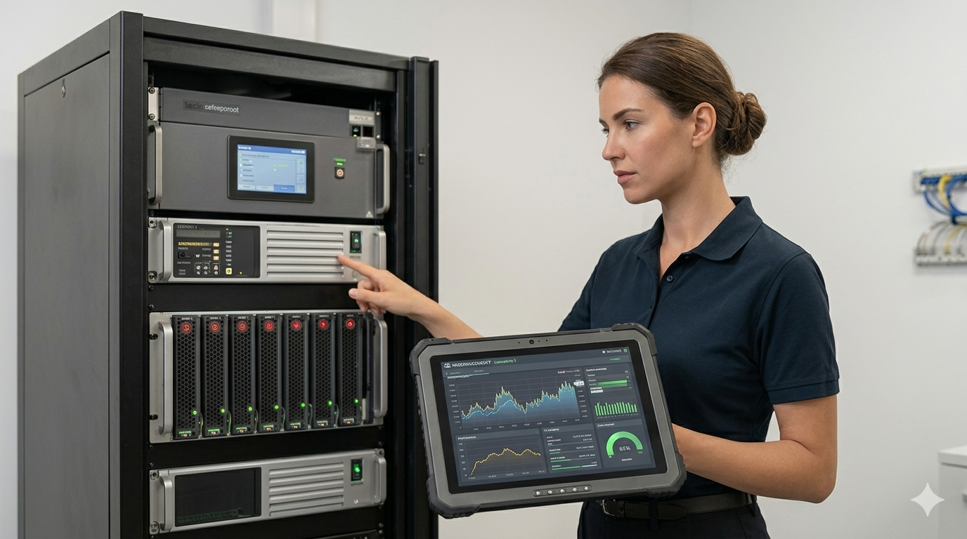 A woman operating and monitoring data on a server rack in a data center or server room.