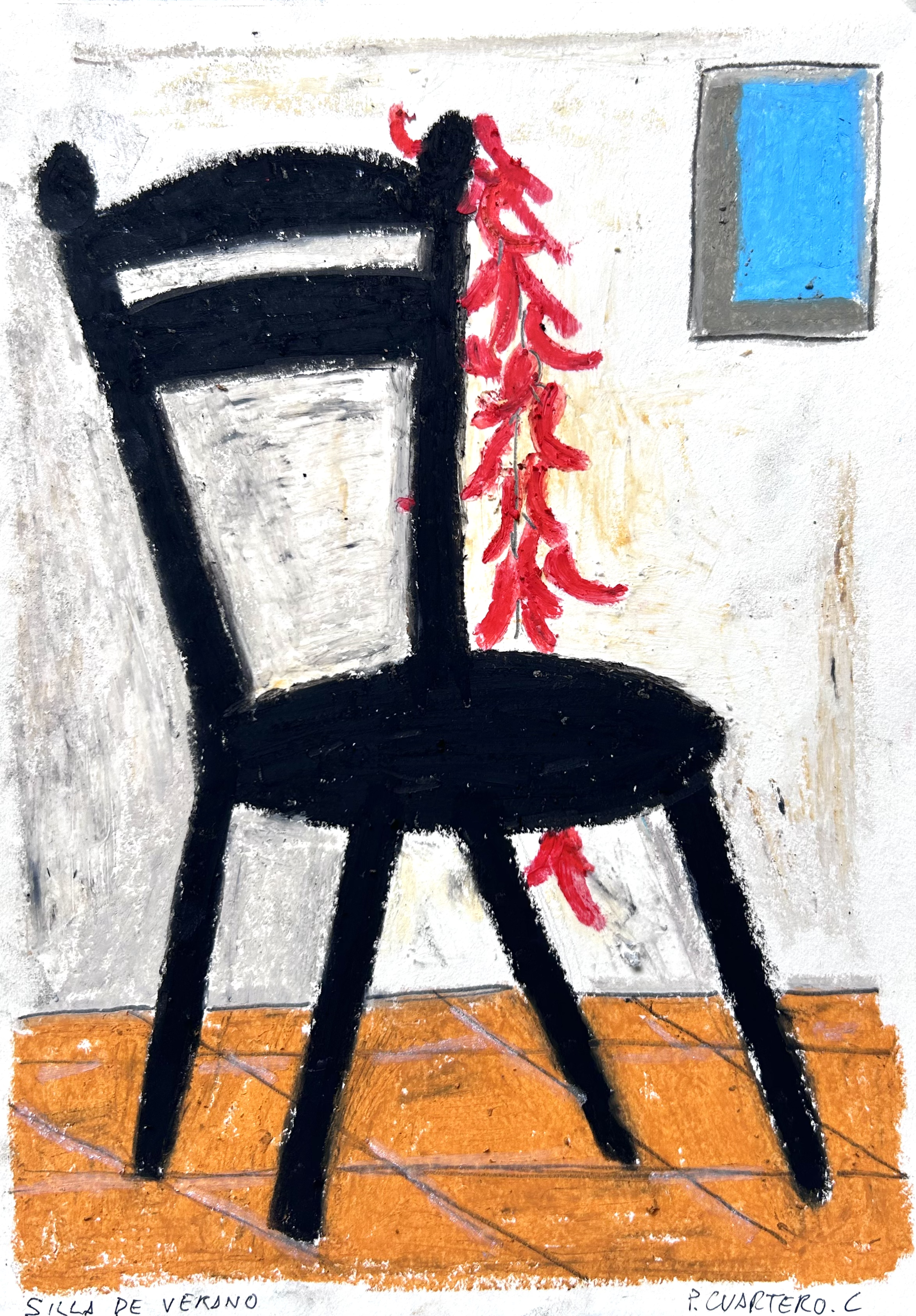 Silla de verano. Oil pastel and pencil on paper. 15x21cm. 2026