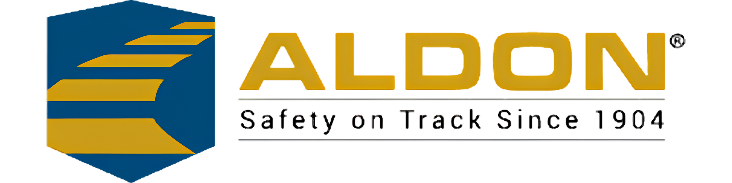 Logo for Aldon, a company that specializes in trucks and trailers, featuring a blue shield with yellow stripes and the company's name in large yellow letters.