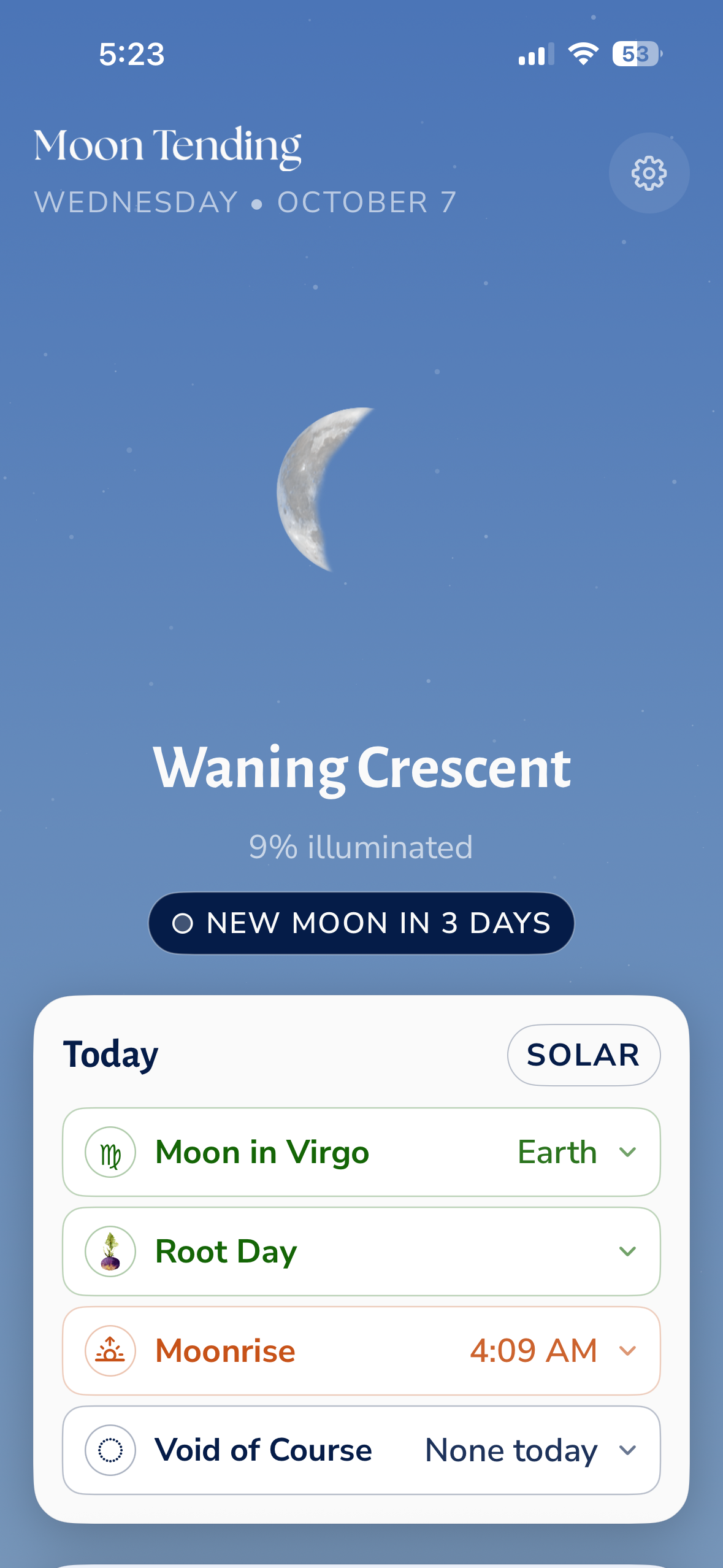 Moon Tending mobile app screenshot showing moon phase, the moon illumination, countdown for next new moon or full moon phase, zodiac sign the moon is in, moonrise time, biodynamic day and if there is void of course.