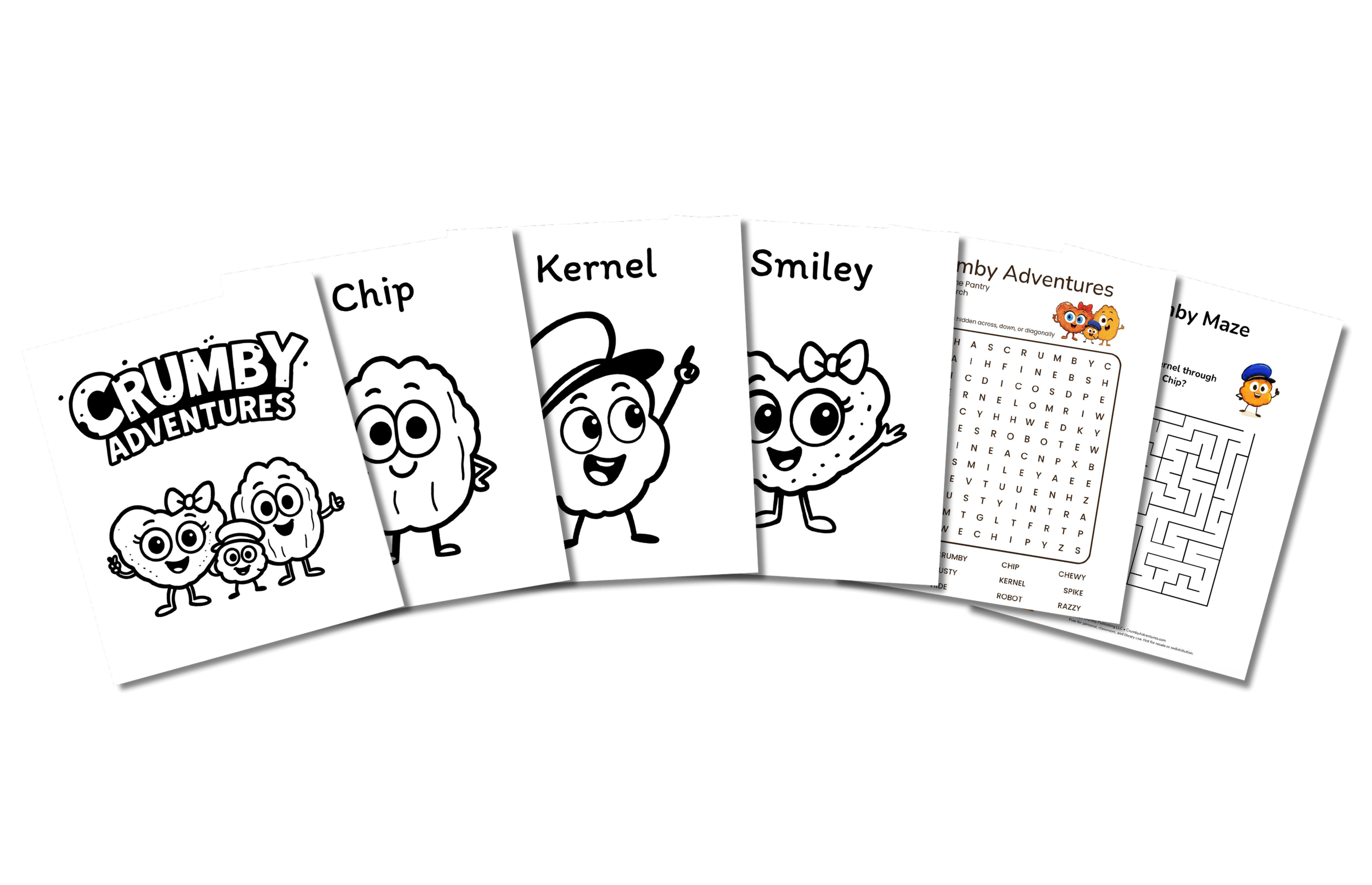 Fanned-out pages from the free Crumby Adventures activity pack, featuring character coloring pages, a maze, and kids’ activities.