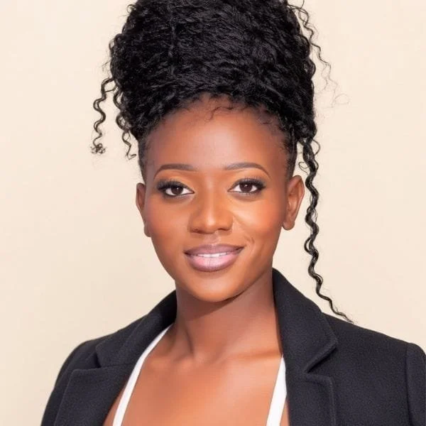 A woman with dark curly hair in a bun, wearing a black blazer and a white top, smiling.