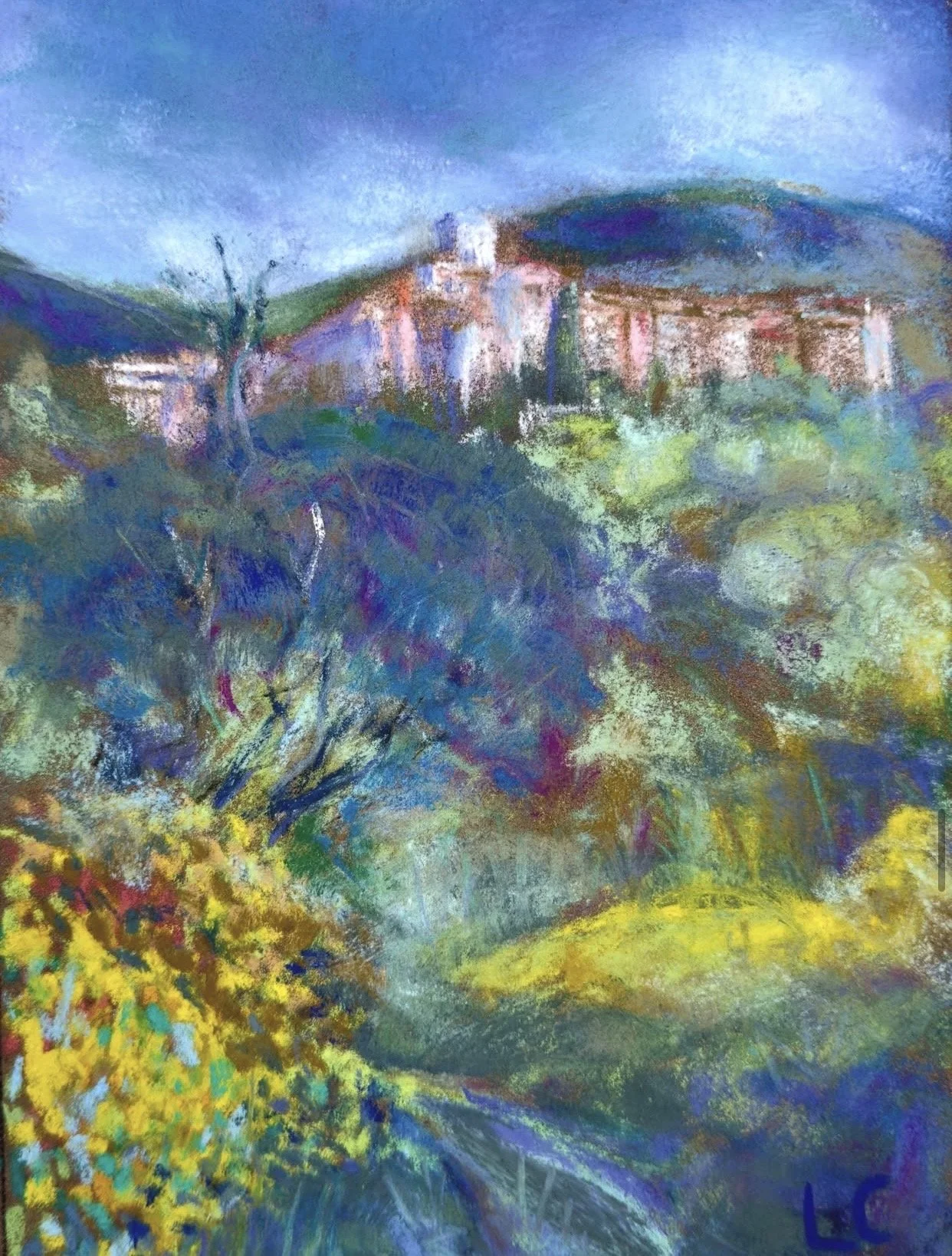 Tourrettes-sur-Loup vu du vallon, pastel on pastelcard