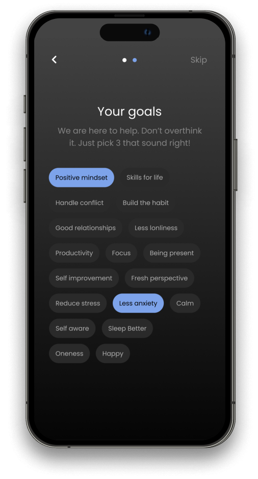 Smartphone screen showing a list of personal goals including 'Positive mindset,' 'Less anxiety,' 'Less loneliness,' 'Build the habit,' and others, with some items highlighted in blue.