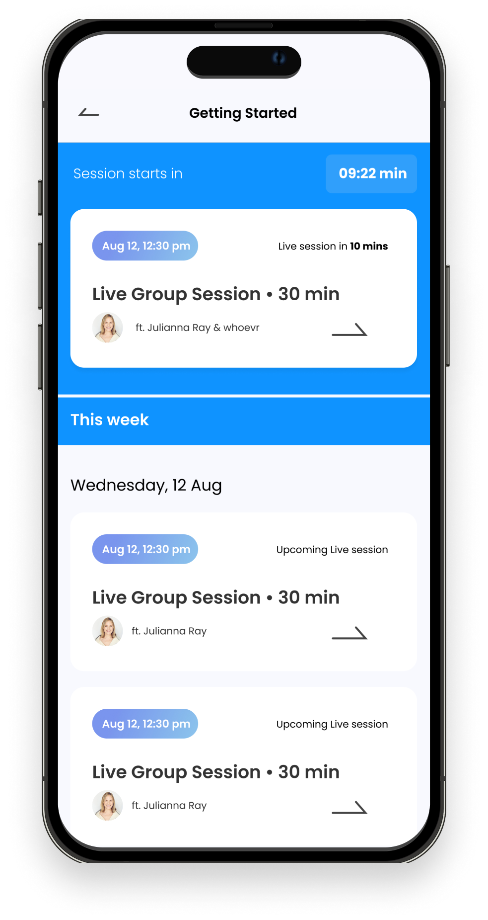 Smartphone screen displaying a scheduling app with upcoming live group sessions on August 12 at 12:30 pm featuring Julianna Ray.