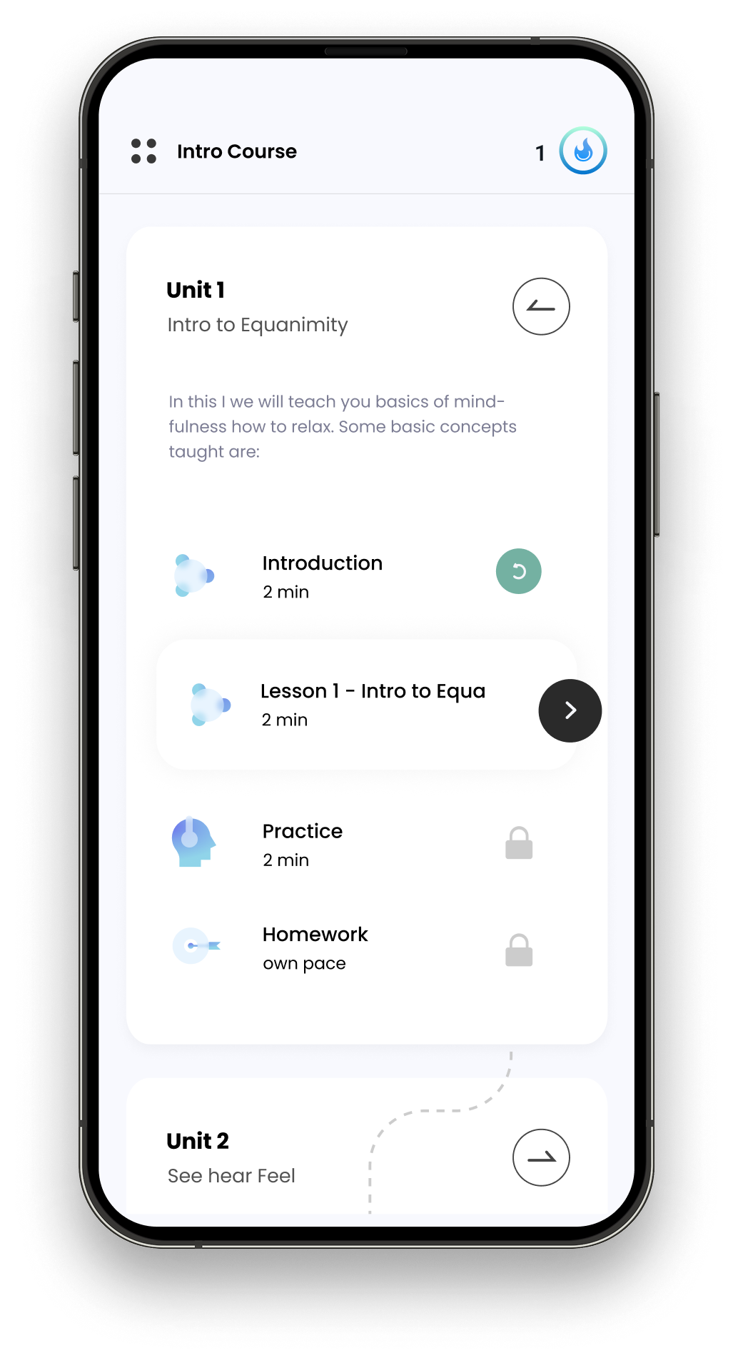 Mobile app interface showing a course outline titled 'Intro Course' with units and lessons on mindfulness, including time durations and icons. The screen displays 'Unit 1' with lessons and locked sections.