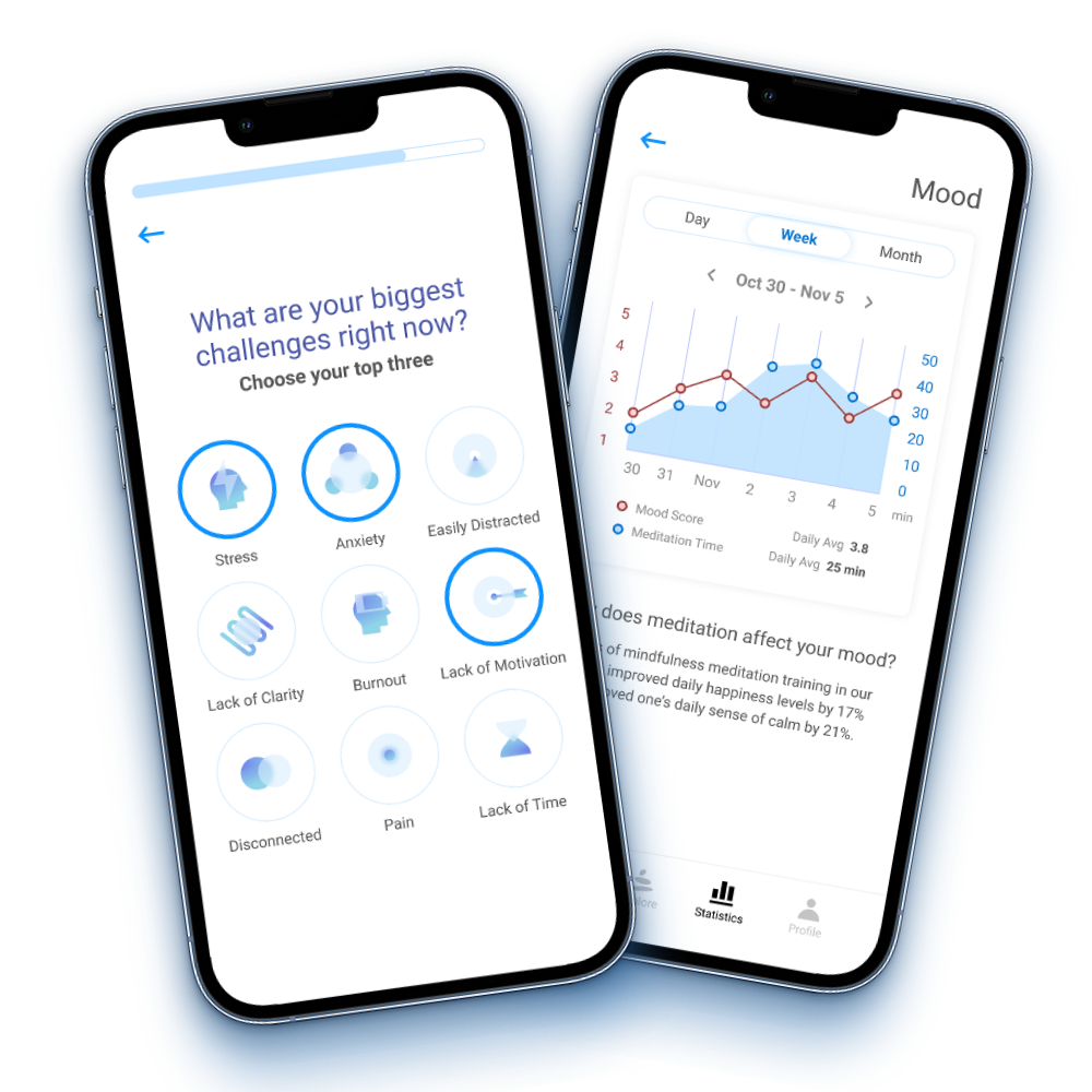 Smartphone screens displaying a mental health app interface. One screen shows a quiz asking about top challenges like stress, anxiety, and lack of motivation. The other screen displays a mood chart tracking mood scores and meditation time from October 30 to November 5.