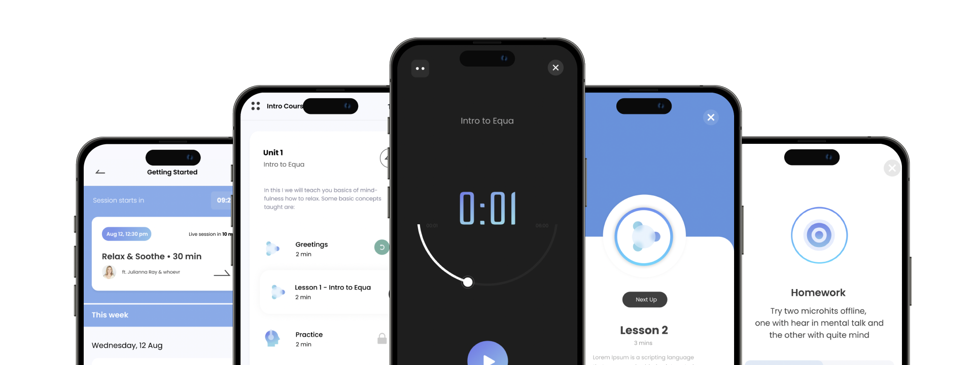 Screenshots of a meditation app showing different features: session timer, course content, lesson interface, sound therapy, and homework instructions.