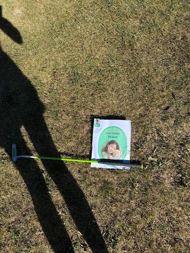A golf putter resting on the grass next to a pamphlet titled 'Low Energy Passes' featuring a smiling child.