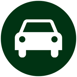Icon of a white car on a dark green circular background.