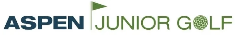 Logo for Aspen Junior Golf with the word 'ASPEN' in dark blue, a green flag, and the words 'JUNIOR GOLF' with a golf ball replacing the 'O' in 'GOLF'