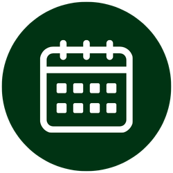 Icon of a calendar on a dark green circular background.