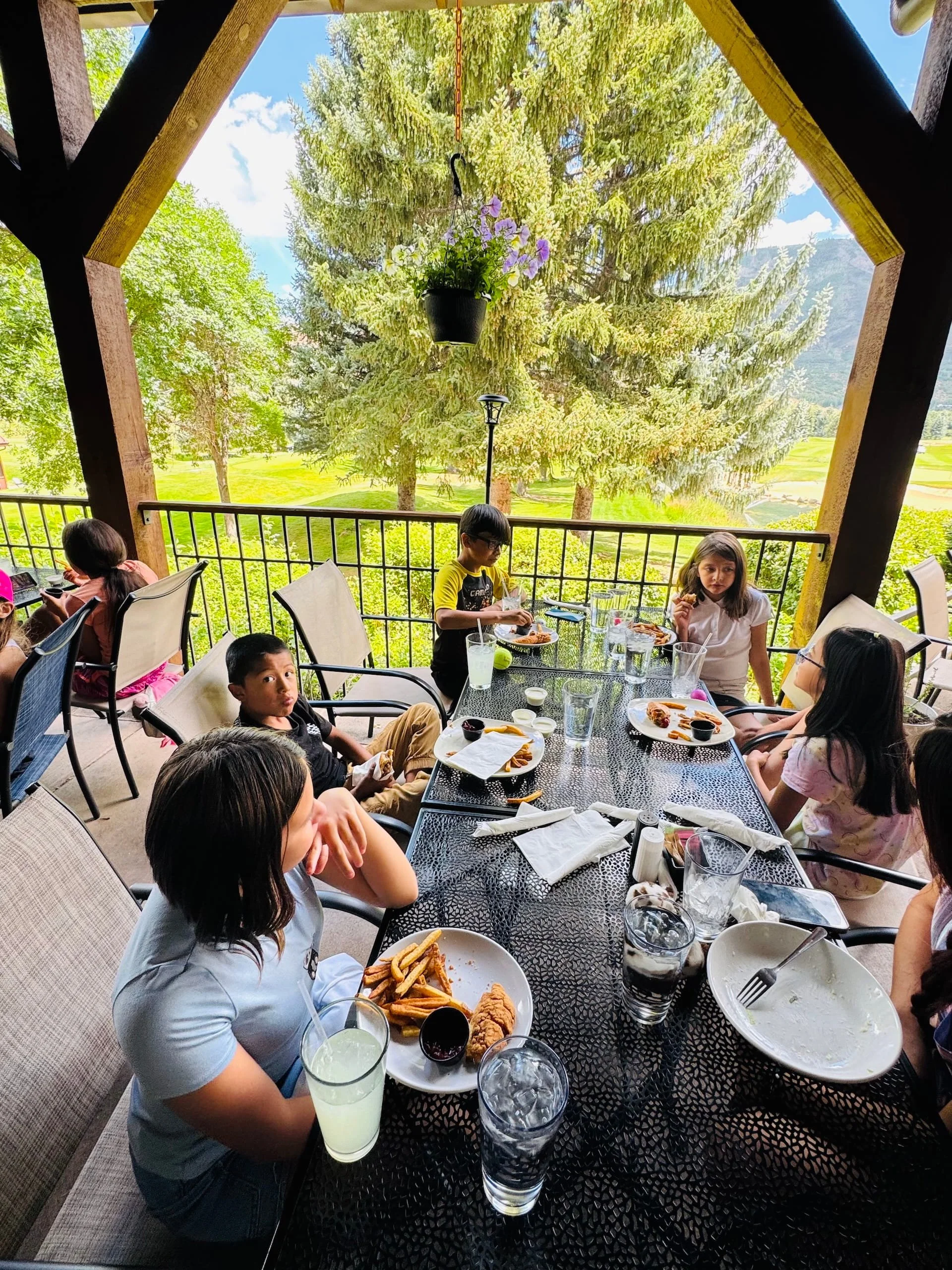 Children dining outdoors on a balcony with a view of a green landscape, trees, and mountains in the background. The table has plates of food, drinks, and utensils.