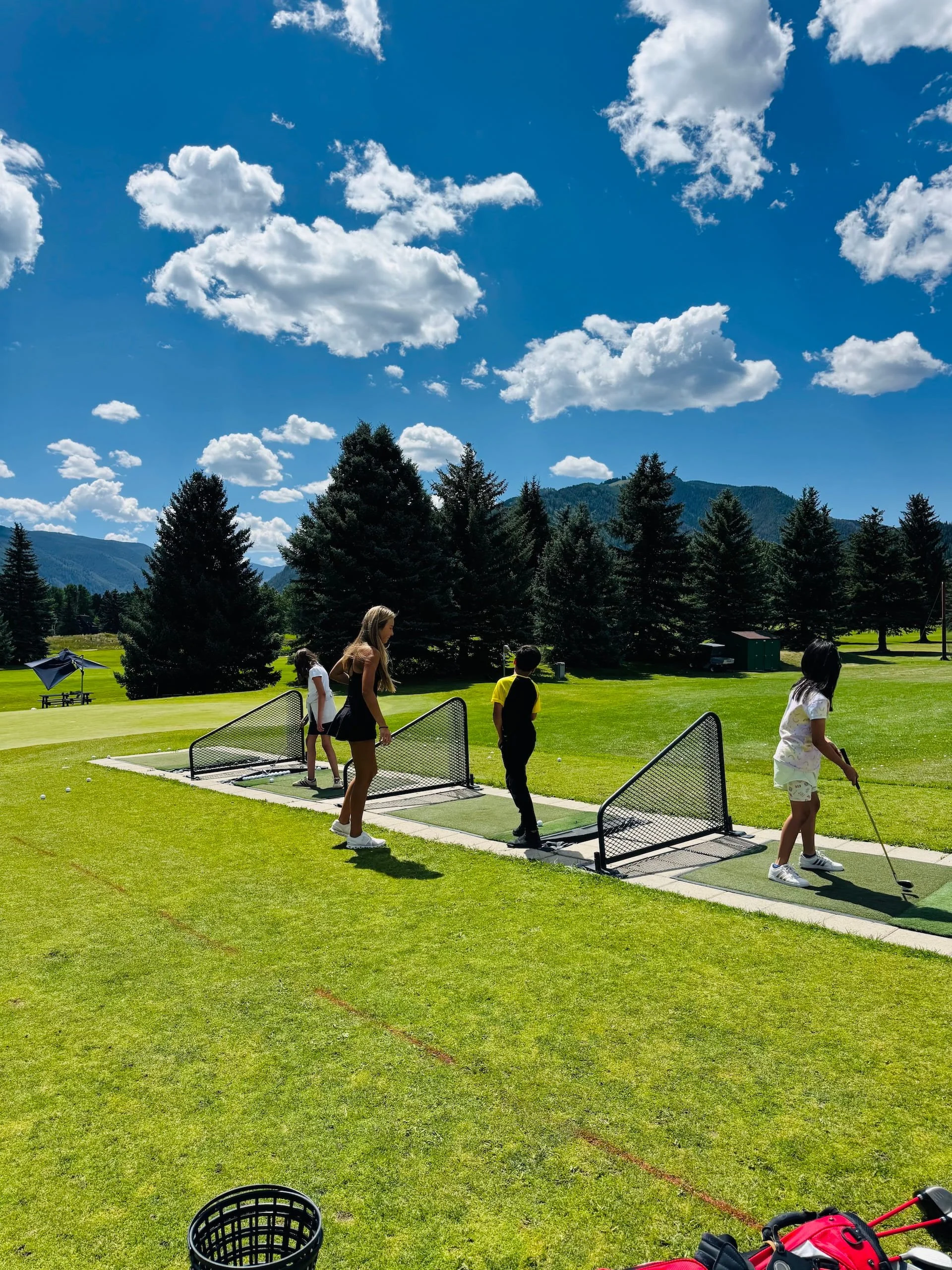 Children and a woman playing mini golf on a sunny day with a green landscape, trees, mountains, and a partly cloudy sky in the background.