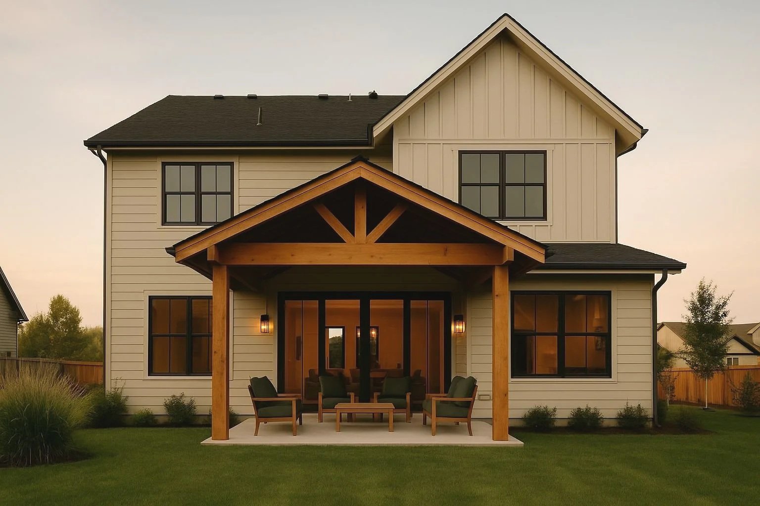Front view of a two-story house with beige siding, black window frames, a gable roof, and a covered patio with outdoor furniture.