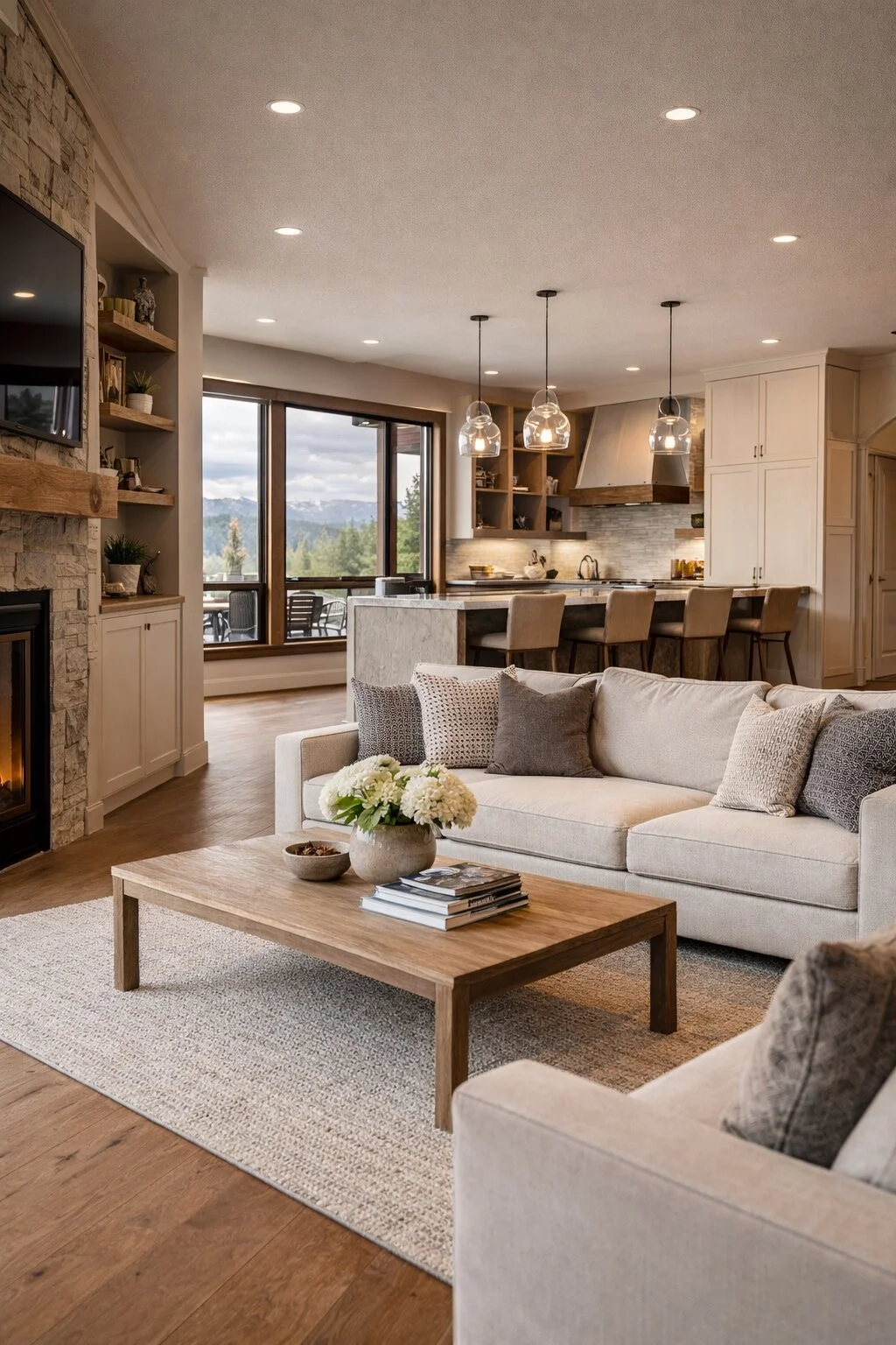 Living room with beige sofa, wooden coffee table, and fireplace, open to kitchen with island and barstools, large window with mountain views.