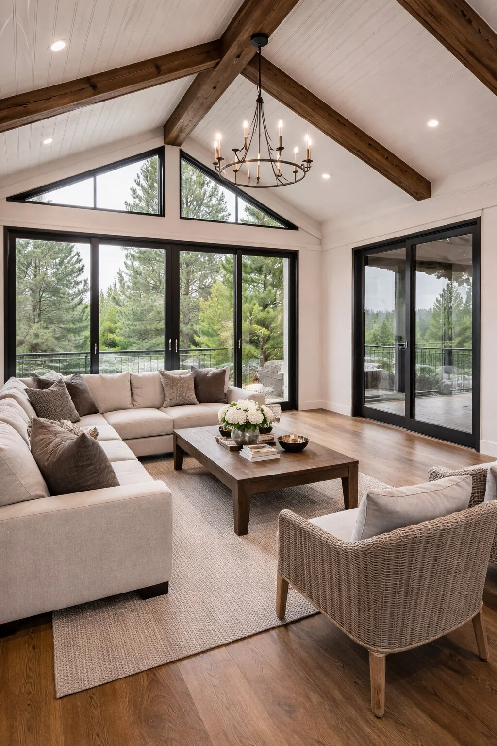 Living room with a large white sectional sofa, a wooden coffee table, and a wicker armchair, featuring large glass sliding doors revealing a green forest outside, with a vaulted ceiling and wooden beams, and a chandelier hanging from the ceiling.