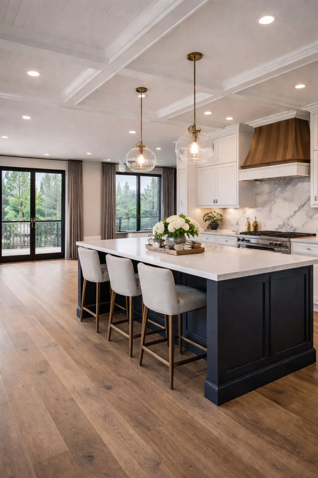 Modern kitchen with white cabinetry, marble backsplash, stainless steel appliances, a dark blue island with a white countertop, three chairs, pendant lights, and a view of a balcony with trees outside.