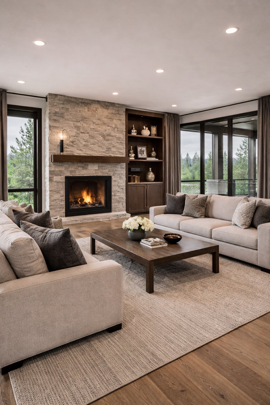 Living room with beige sofas, a fireplace, wooden coffee table, and large windows showing trees outside.