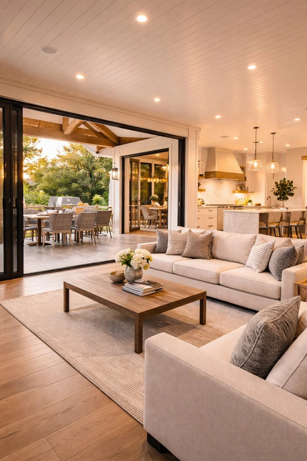 Living room with a beige sofa, decorative pillows, a wooden coffee table with a flower vase, open sliding glass doors leading to an outdoor dining area, kitchen with island and pendant lights, hardwood floor, and warm lighting.