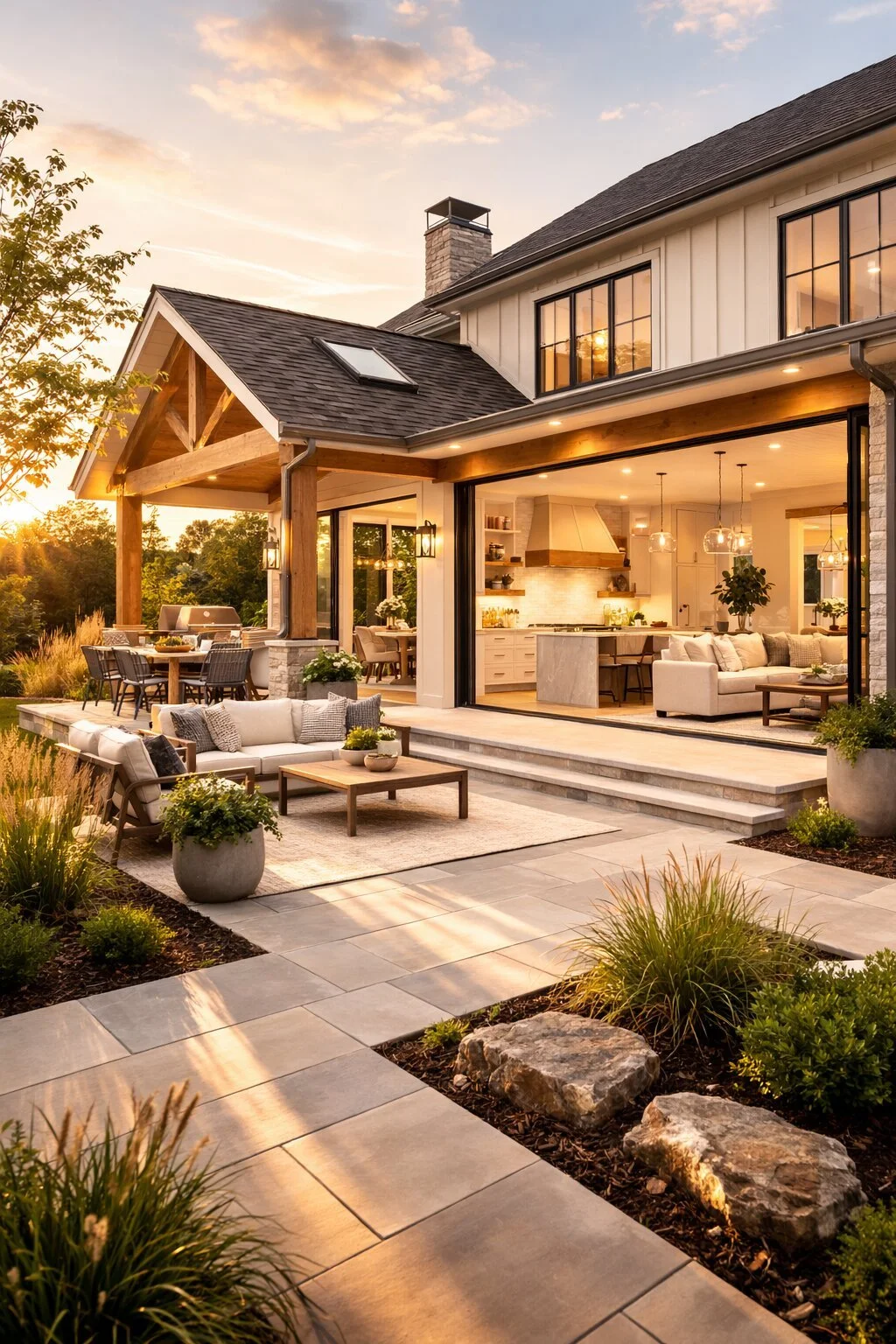 Backyard of a modern house during sunset with patio furniture, outdoor seating, potted plants, and an open indoor kitchen visible through large glass doors.