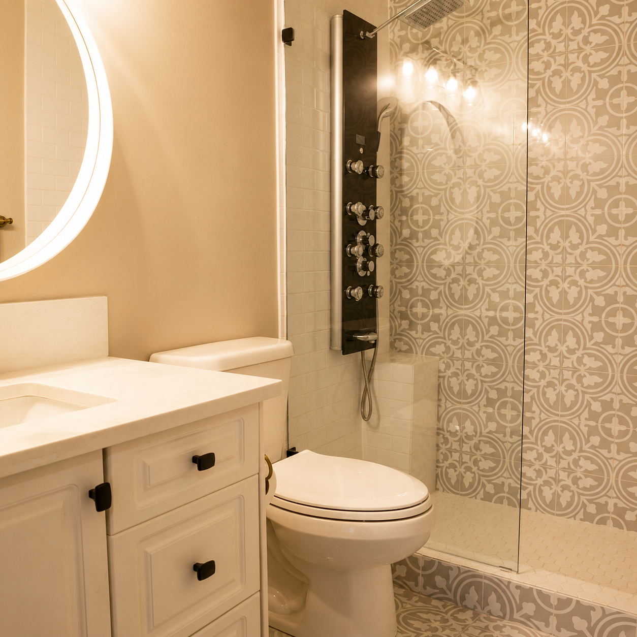 Custom modern renovation bathroom with a vanity, mirror, toilet, and a walk-in shower with patterned tiles and a black shower panel with multiple jets.