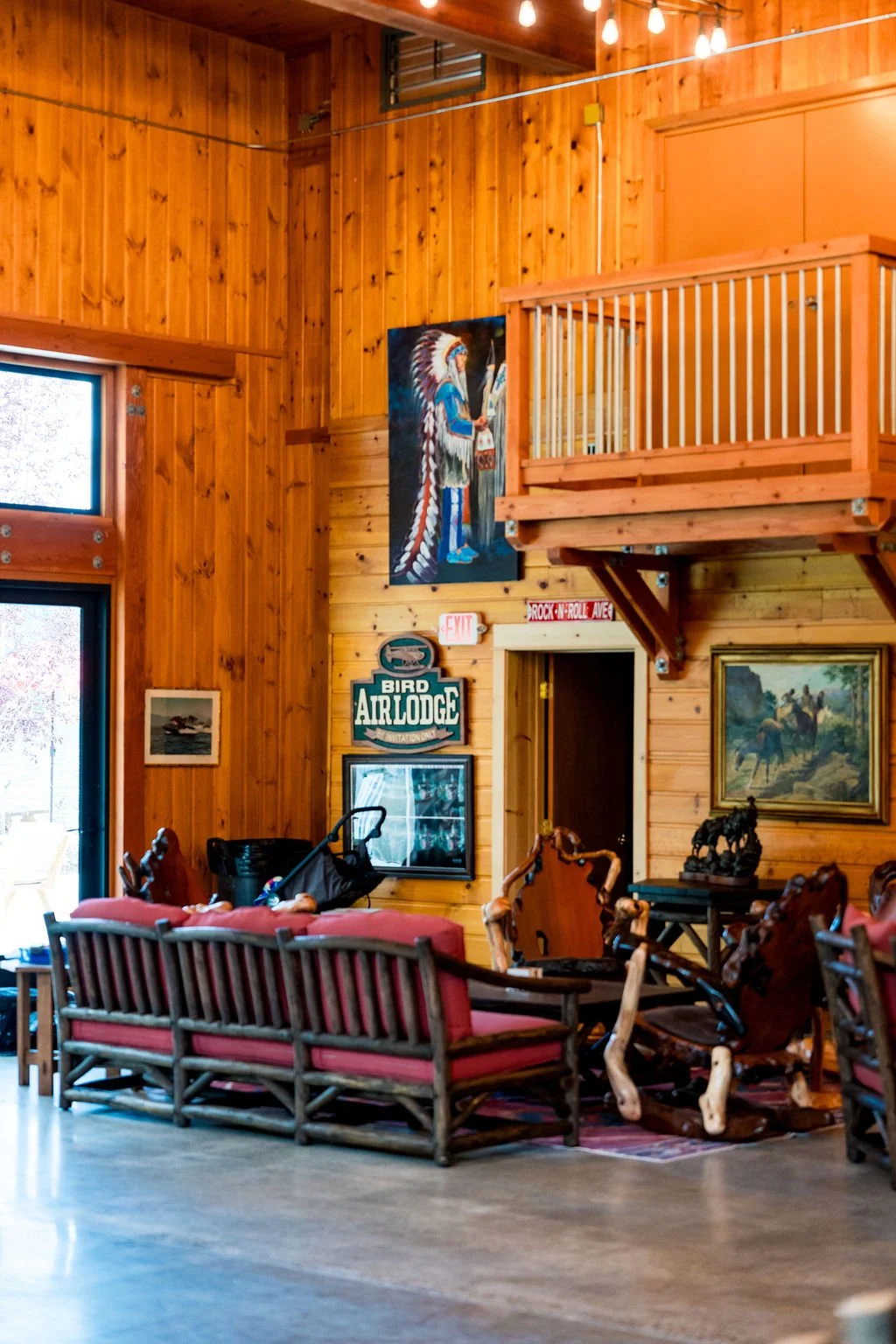 A sitting area inside The Hangar at The Retreat on Lake Pend Oreille in Sagle, Idaho