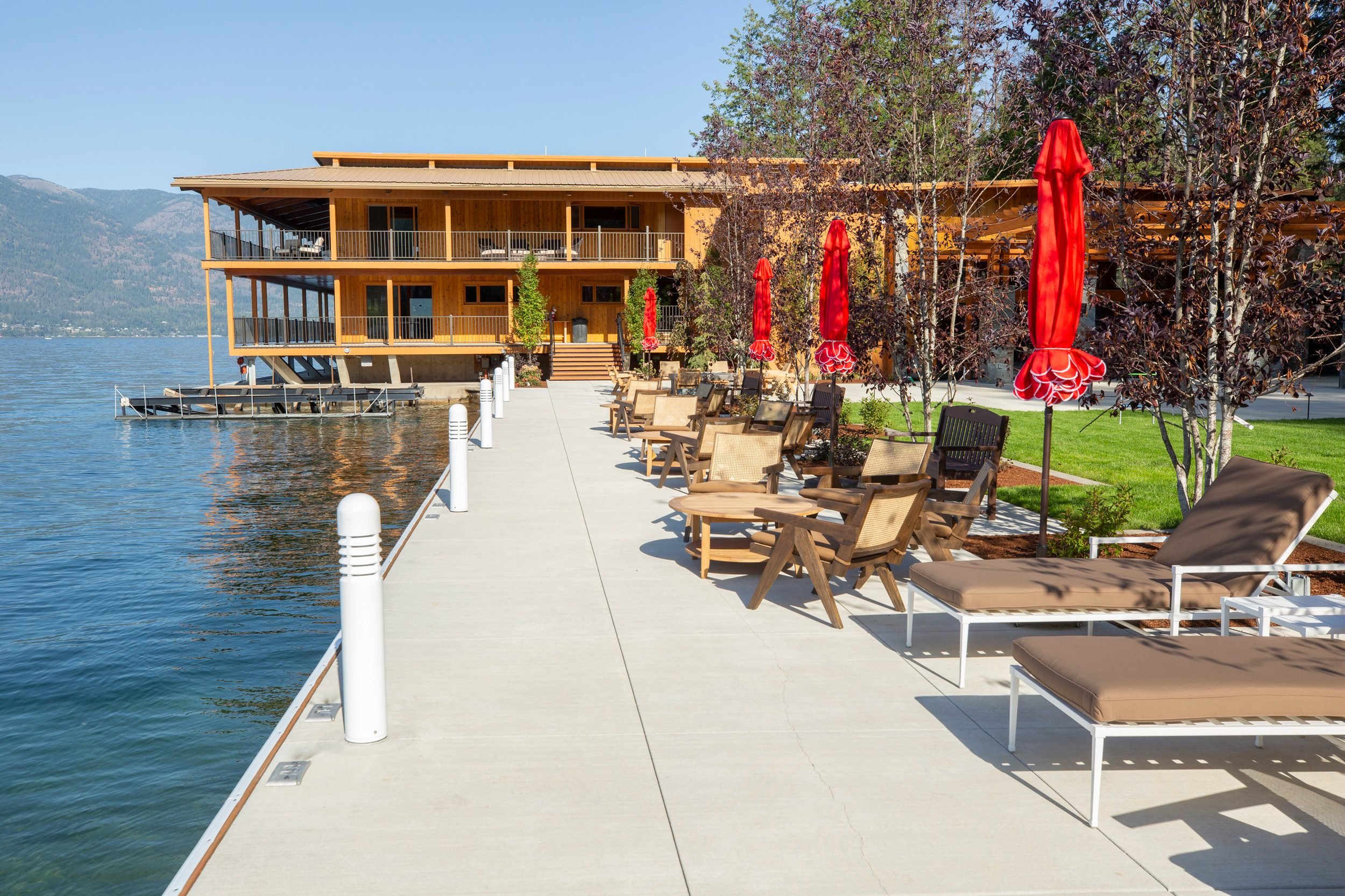 The multi-level lodge on the shore of Lake Pend Oreille in Sagle, Idaho