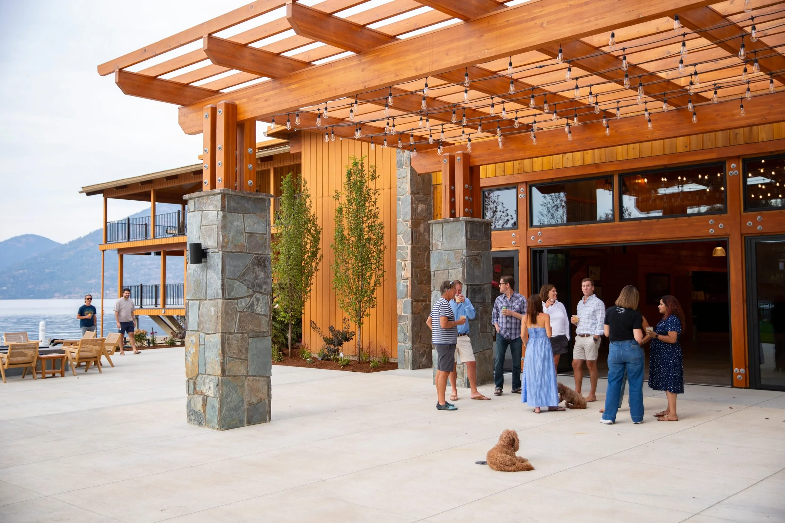 Guests outside the lodge overlooking Lake Pend Oreille in Sagle, Idaho