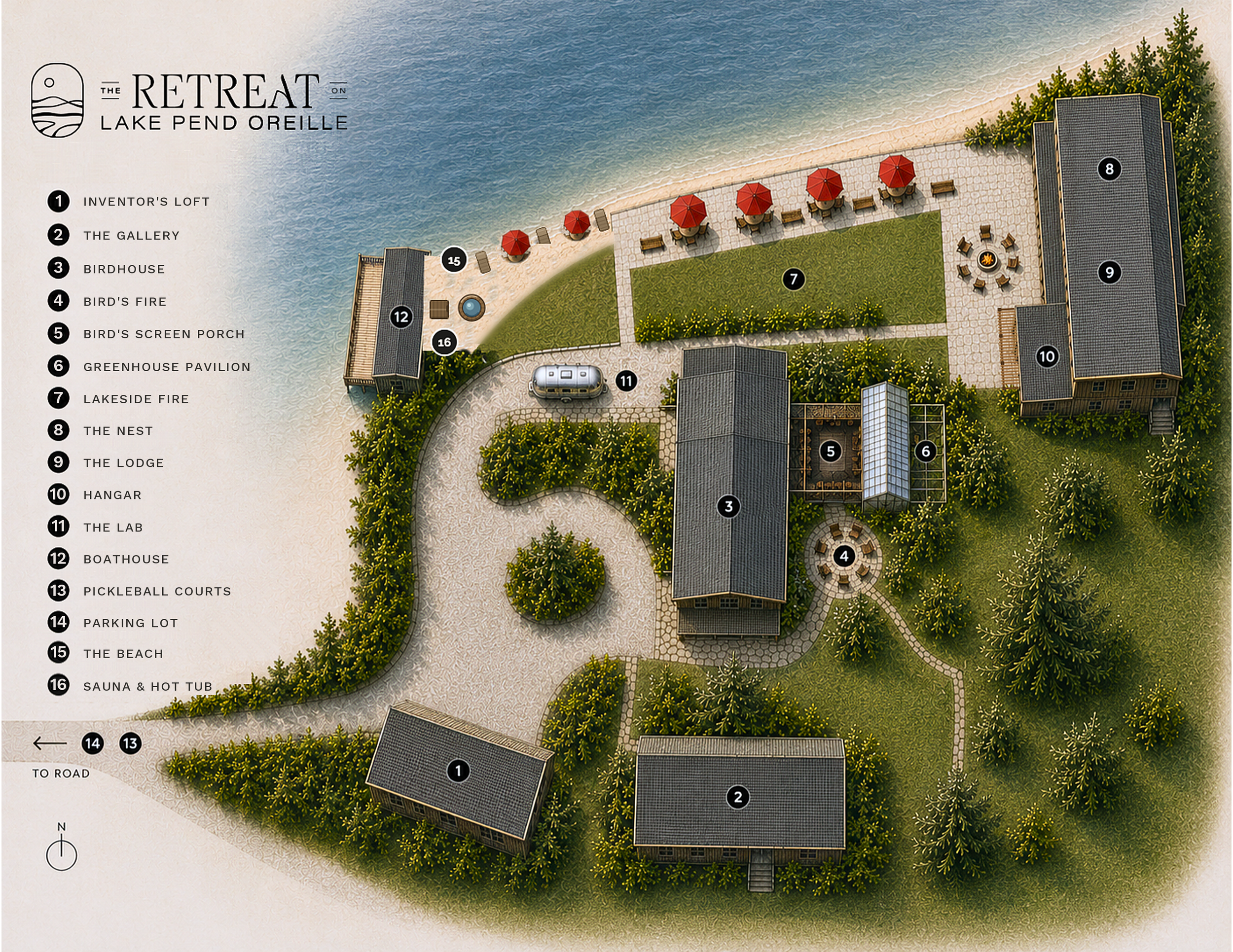 A detailed map of a lakeside retreat named Lake Pend Oreille, showing various amenities such as a boathouse, birdhouse, greenhouse pavilion, fire pits, lodge, and a beach, with a sandy shoreline and water on the top edge.
