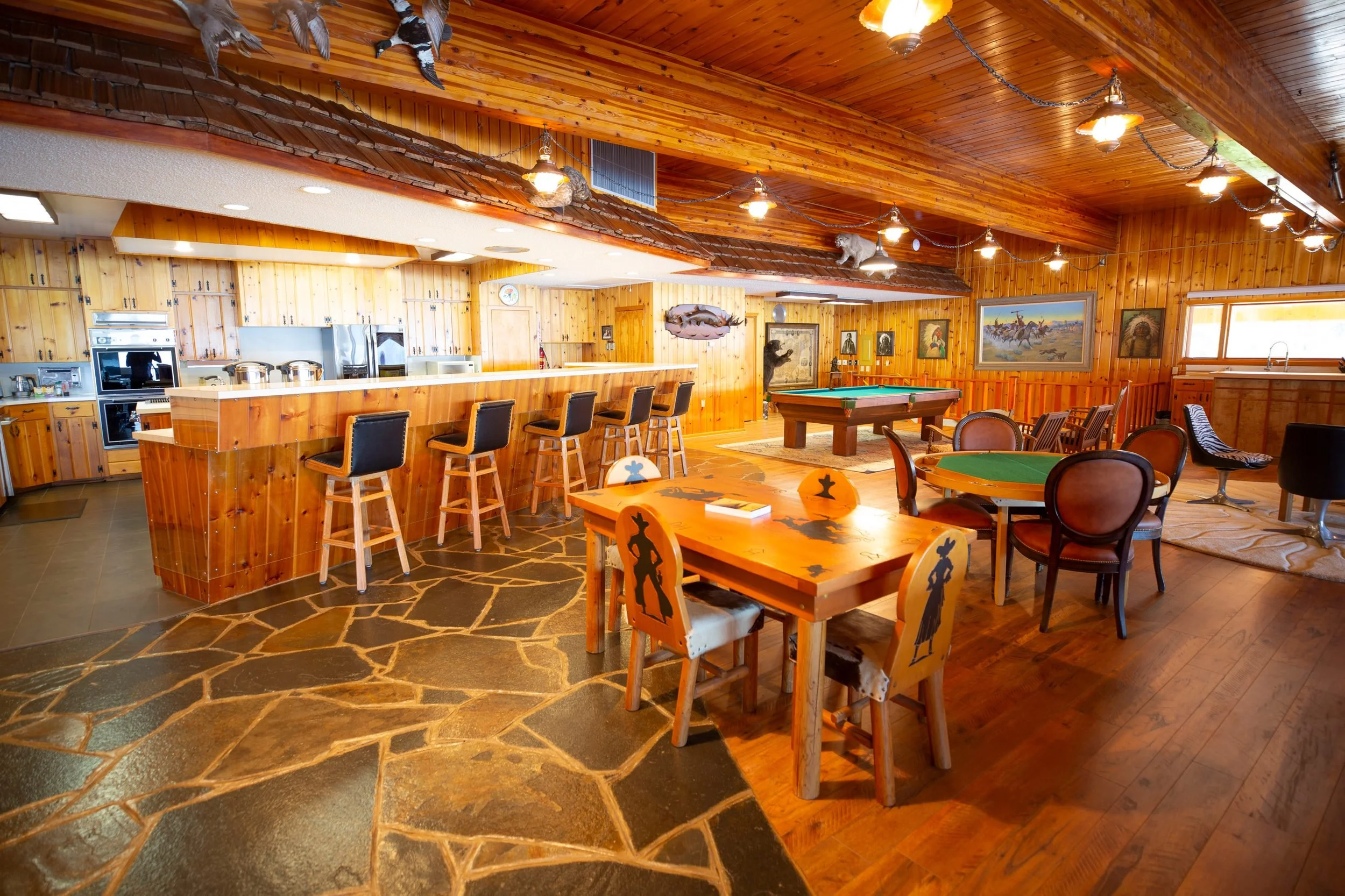 The bar and pool table in the lodge at The Retreat on Lake Pend Oreille in Sagle, Idaho