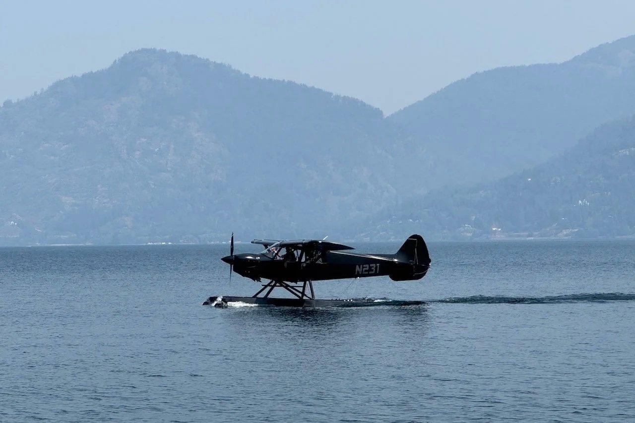 A black seaplane with the registration N231 flying over a lake, with mountains in the background.