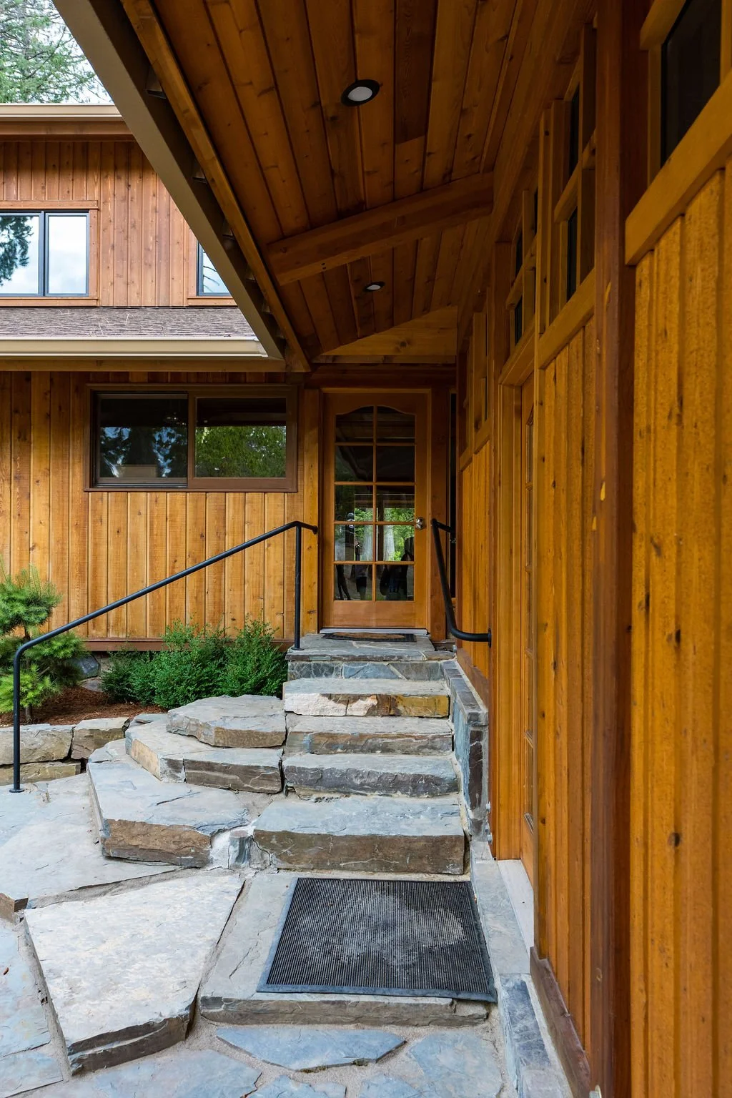 The stone steps and entrance at The Retreat on Lake Pend Oreille in Sagle, Idaho