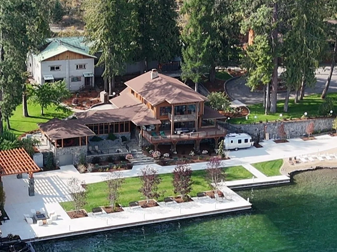 An aerial view of the waterfront grounds at The Retreat on Lake Pend Oreille in Sagle, Idaho