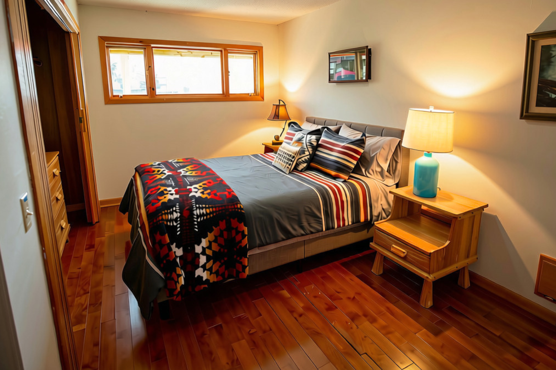 A cozy bedroom with wooden flooring and beige walls. Contains a bed with striped and patterned pillows, a blanket with a red, black, and white geometric design. Two nightstands with lamps, one with a beige shade and another with a darker shade. A musical-themed wall mirror or decoration above the bed, a window with wooden trim, and a small framed picture on the wall.