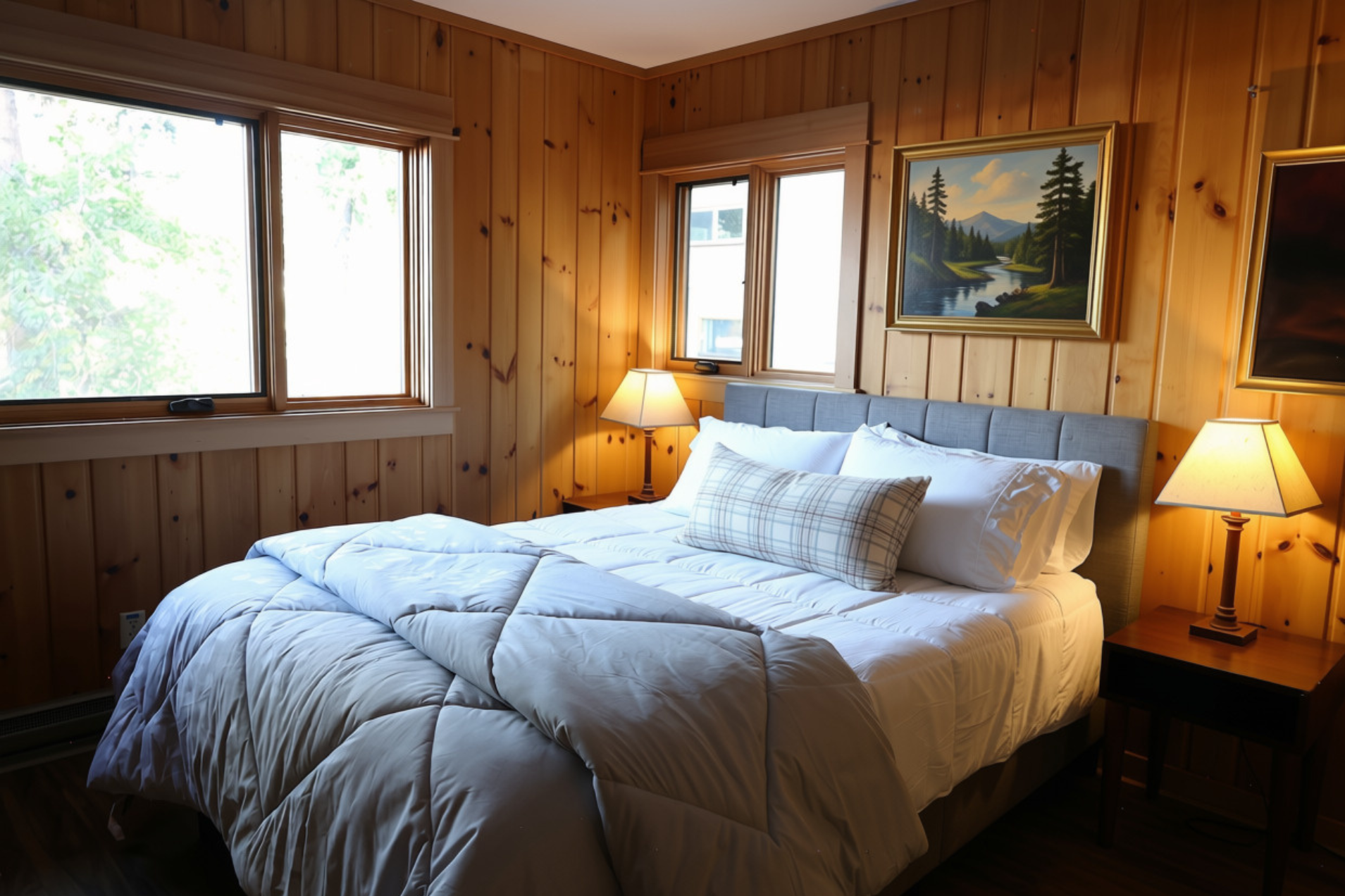 A cozy bedroom with wooden paneled walls and two windows. The bed has white comforter and pillows, with a plaid decorative pillow. Two bedside tables with lamps are next to the bed. A landscape painting is hanging on the wall above the bed.