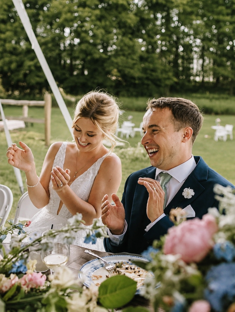 A bride and groom laughing and clapping at their outdoor wedding reception, seated at a table decorated with flowers.