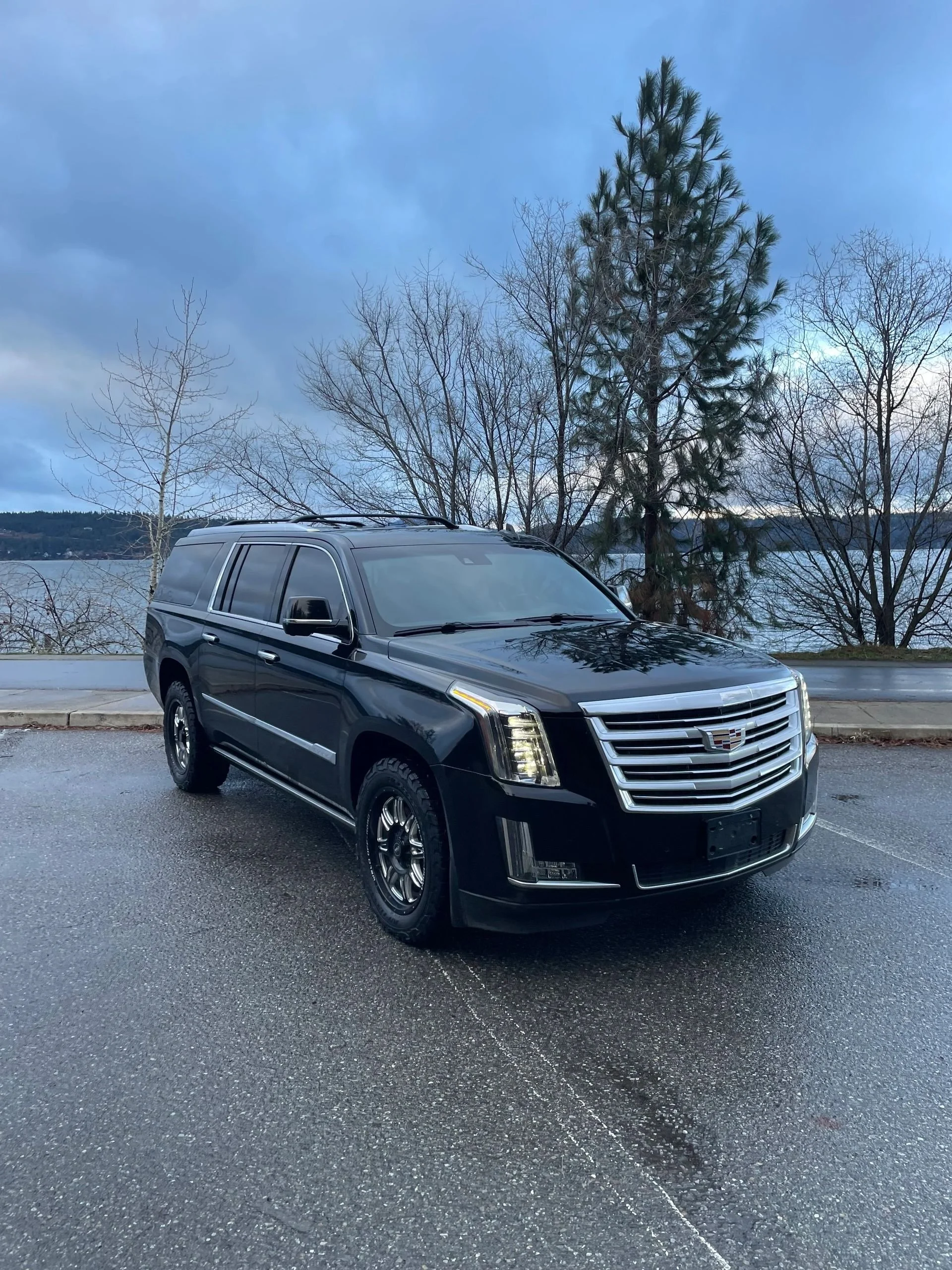 A black Cadillac SUV parked on a wet pavement with bare trees and a body of water in the background and a partly cloudy sky overhead.